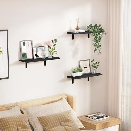 upsimples Floating Shelves for Wall Decor Storage, Wall Mounted Shelves Set of 3, Sturdy Small Wood Shelves with Metal Brackets Hanging for Bedroom, Living Room, Bathroom, Kitchen, Book, Black thumbnail 4