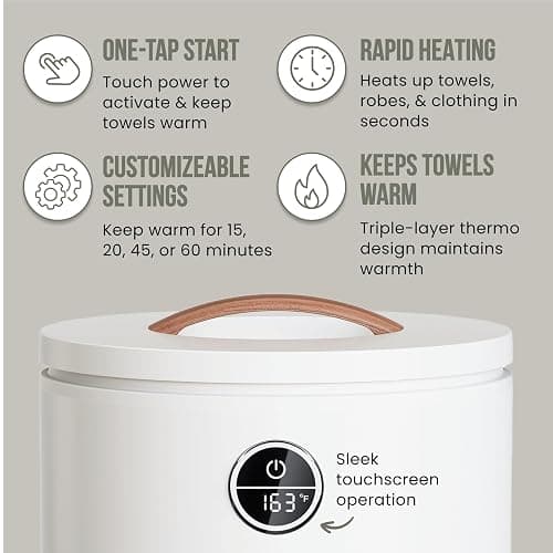 Fontaines Luxury Towel Warmer for Bathroom, Spa - Large Heated Thermal Bucket, Wood Handle, Safe Auto Shut Off, Fits Up to Two Large 40x70 Oversized Towels or Robes - White thumbnail 3