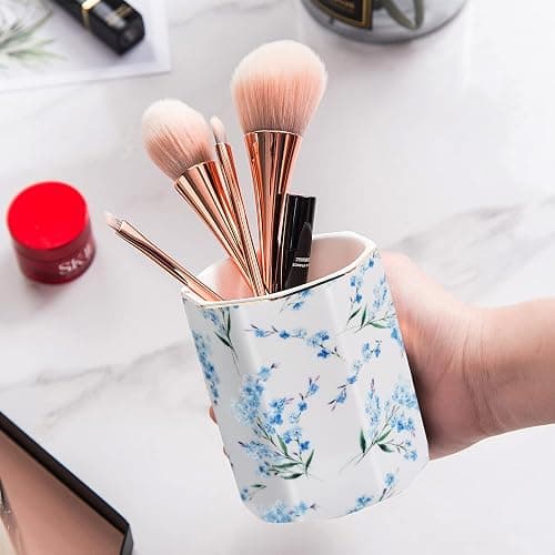 LEAZUL Pencil Holder for Desk Organizer,Ceramic Writing Utensil Storage Organizer Aesthetic Floral Pattern Pen Holder Pen Cup Makeup Brush Holder Creative Gift for Desktop Supplies,School Life Blue - Flower Blue thumbnail 7