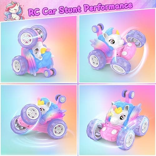 Unicorn Remote Control Car for Girls 3 4 5 6 7 8 Years Old, Pink Monster Truck with Colourful Light 360°Flip RC Stunt Car Rechargeable Kids Toy Birthday Gift/Present Juguete Carros Regalo Para Niñas thumbnail 3