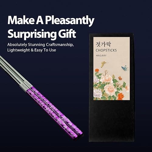Peony and Butterfly Chopsticks Metal Chopsticks Reusable Designed in Korea Japanese Style Stainless Steel 316 18/10 Non-Slip Dishwasher Safe Laser Etched 2 Pairs Purple thumbnail 5