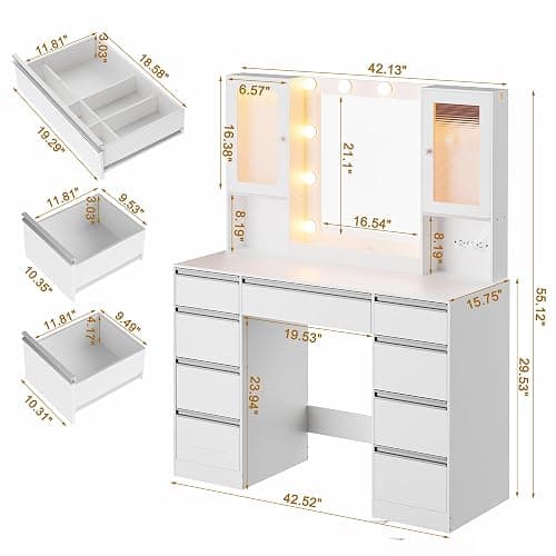 ERLEJIA Vanity Desk with Mirror and Lights, 42.52" 9 Drawer Makeup Table with 2 RGB Lighting Cabinets and Power Outlet for Girls and Ladies Bedroom, White thumbnail 2