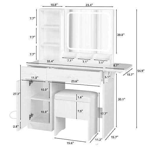 IRONCK Vanity Desk with LED Lighted Mirror & Power Outlet, Makeup Table with Drawers & Cabinet,Storage Stool, White thumbnail 3