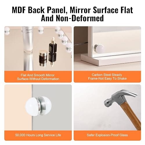 VEVOR Hollywood Vanity Mirror with Lights, Dimmable Bulbs &3 Color Lighting Modes, Makeup Mirror w/Detachable 5X Magnification,USB Port, Smart Touch Control,Desktop Wall-Mount(31.5x23.6in, White) thumbnail 7