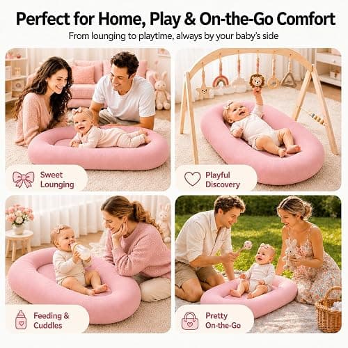Mapotf Baby Lounger for Newborns 0-24 Months - Baby Essentials | Soft Breathable Cotton Infant Support Cushion for Tummy Time & Play, Portable Infant Lounger - Dusty Rose (Cover Included) thumbnail 5
