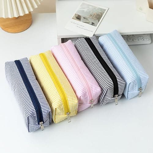 HFHungkeong Cute Pencil Case, Seersucker Pencil Bag Desktop Stationery Finishing Large Capacity Embroidery Striped Travel Storage Bag, Multifunctional Cosmetic Pouch(Pink White) thumbnail 7