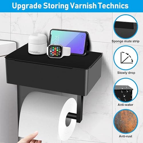 BOSOEI Toilet Paper Holder with Storage, Shelf of Bathroom Toilet Tissue Holder, Toilet Paper Roll Holder, Black Stainless Steel Wall Mount, No Installation & Flushable Wet Wipes Storage thumbnail 4