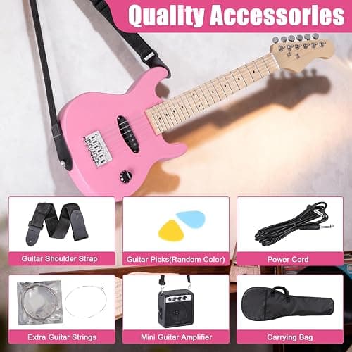 Saicool 30" Electric Guitar Beginner Kits, Beginner Electric Guitar with 5W Amp and Accessories Pack Guitar Bag for Beginners, Pink thumbnail 8