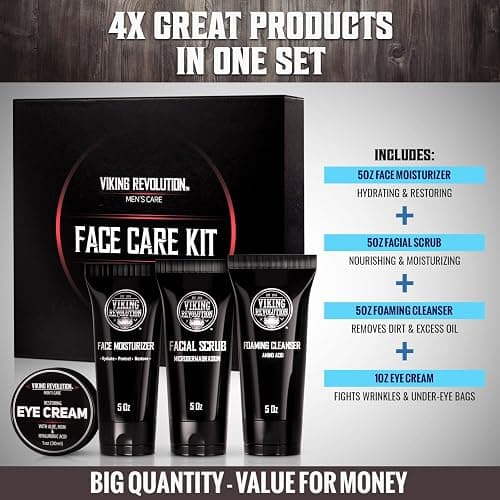 Viking Revolution Men's Facial Skin Care Kit - Includes Rejuvenating Face Moisturizer, Microdermabrasion Facial Scrub, Foaming Cleanser (5oz Each) and Eye Cream (1oz) thumbnail 4