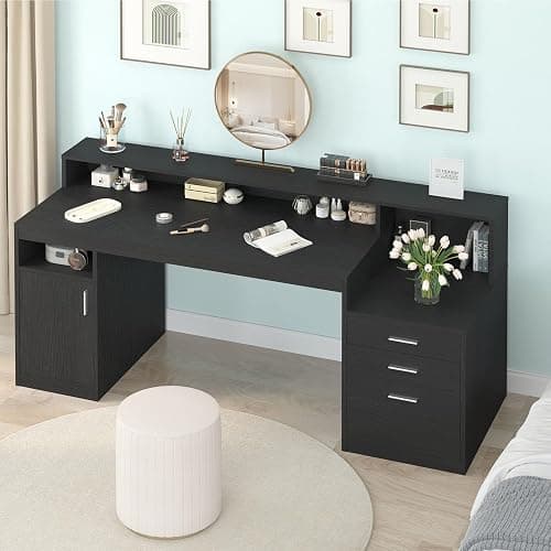 YOMILUVE Computer Desk with 3 Drawer & Storage Shelves, Home Office Desk with File Drawer & Cabinet, Writing Study Table with Long Monitor Stand & Printer Shelf, Executive Desk, Black thumbnail 7