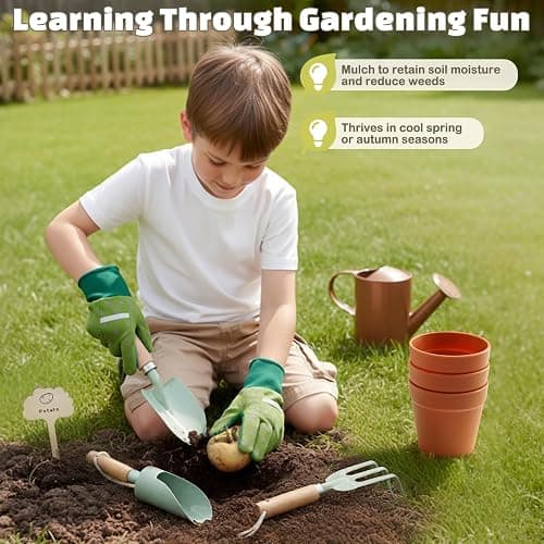 Dreamon Gardening Set Toys for Kids, Quality Garden Tool Kit Includes Tote Bag, Gloves, Shovel, Rake, Cultivator, Watering Can, STEM Learning Outdoor Gifts for Kids Toddlers thumbnail 4