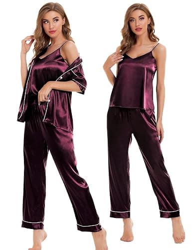 SWOMOG Womens Silk Satin Pajamas Sets 4pcs Sleepwear Sexy Cami Shorts Set and Button Down Short Sleeve Pjs Loungewear thumbnail 5