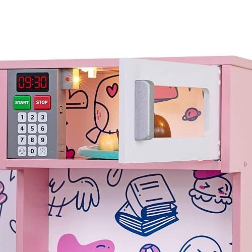 Lil' Jumbl Kids Kitchen Set, Pretend Wooden Play Kitchen, Battery Operated Icemaker & Microwave with Realistic Sound, Pots & Pan Included - Pink - Regular - Pink 2 thumbnail 7