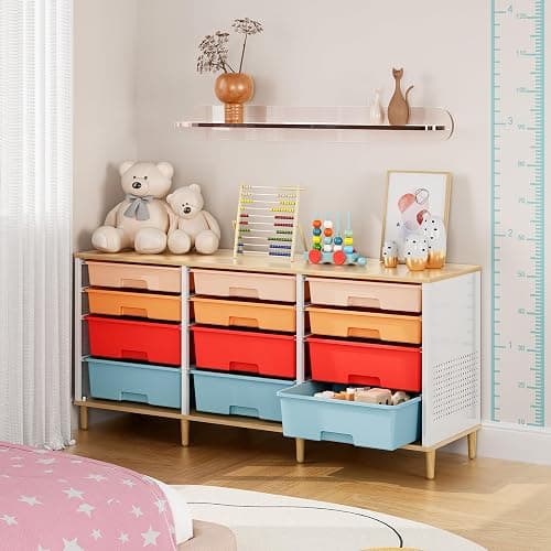 12 Drawers Storage Cabinet with Wooden Top and Plastic Bins, Toy Storage Organizer Toy Shelf Storage Chest Cubby Organizer for Home, Office, Playroom, Classroom & Craft Room Storage (Multicolored) thumbnail 7
