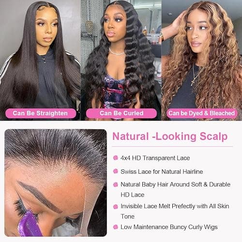 kiss love Glueless Wigs Human Hair Pre Plucekd with Baby Hair 180% Density Deep Wave Closure Wigs Human Hair Glueless Wig with Elastic Band 4x4 Curly Wigs for Women (20Inch) thumbnail 6