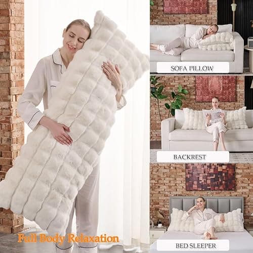 Luxury Shaggy Faux Fur Body Pillow,Fluffy Bed Pillow with Zipper Closure,Soft Decorative Plush Full Long Pillows,Fuzzy Hug Pillow for Home Living Room Side Sleeper & Pregnancy 20"x54" Beige Chocolate thumbnail 4