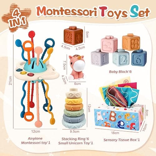 Montessori Baby Toys 6-12 Months, 4 in 1 Montessori Toys Set 6 Months Old+, Stacking Building Blocks Infant Toys, Tissue Box Toy, Baby Sensory Toys for 1 2 3 Year Old Boy Girl - 4 in 1 toy thumbnail 5