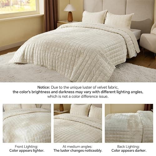 BEDELITE Velvet Quilt Set King Size - Luxury Velvet Comforter Bedding Set 3 Pieces, Lightweight Soft Cozy Shiny Cream White Oversized Bedspread Coverlet for All Seasons with 2 Pillow Shams thumbnail 4