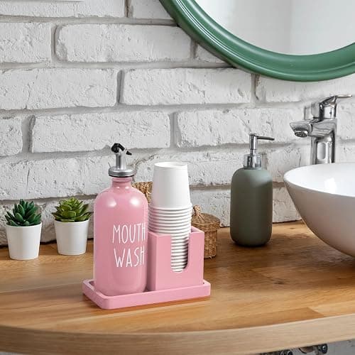 Mouthwash Dispenser for Bathroom, 16 OZ Glass Mouthwash Dispenser with Pour Spout and Wood Cup Holder and Tray, Mouth Wash Bottle Container, Farmhouse Kitchen Bathroom Decor and Accessories, Pink - Pink thumbnail 7