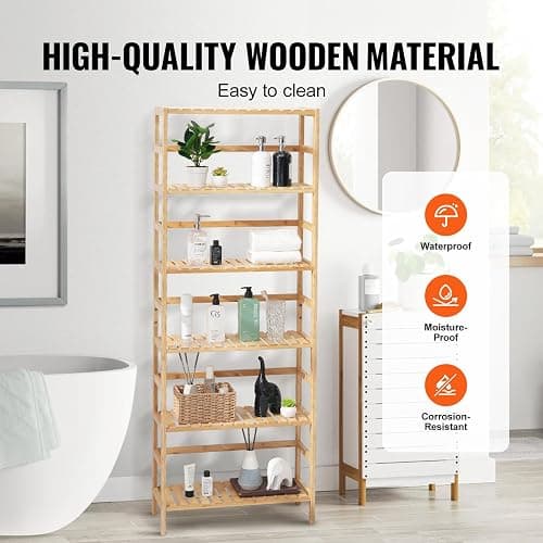 VEVOR 6-Tier Bamboo Shelf, Open Wood Bookshelf, Display Storage Rack Organizer, Freestanding Flower Plant Stand, Multifunctional Bamboo Bookshelf Ideal for Bathroom, Bedroom, Office, Study, Natural thumbnail 6