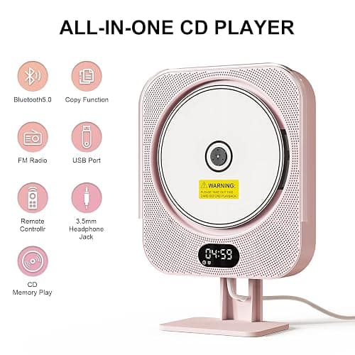 Kpop Pink CD Player Desktop/Wall,Wired Vertical Cute CD Players for Home, Bluetooth Speakers/FM Radio with IR Remote Control,CD Music Timer Alarm Clock with LED Display,Support CD/USB/TF/AUX/Copy - Pink thumbnail 2