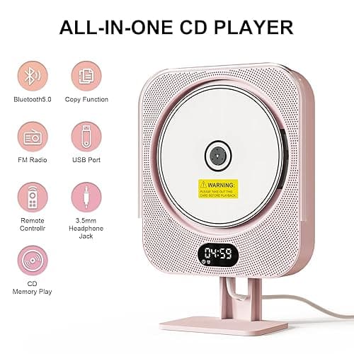 Kpop Pink CD Player Desktop/Wall,Wired Vertical Cute CD Players for Home, Bluetooth Speakers/FM Radio with IR Remote Control,CD Music Timer Alarm Clock with LED Display,Support CD/USB/TF/AUX/Copy - Pink thumbnail 2