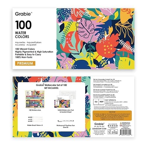 Grabie 100 Colors Premium All-In-One Watercolor Paint Set - 50 Essential, 35 Metallic, 10 Pastels, 5 Neon Hues - Portable Case, Brush Pens, Paper Pad, Waterproof Fineliner Pen, Beginner & Professional thumbnail 9