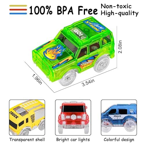 FancyWhoop Tracks Cars Replacement Only - Light Up Magic Cars for Tracks Compatible with Glow in The Dark Toy Cars with 5 LED Flashing Lights for Most Race Tracks Only Toy Car Accessories (4 Pack) thumbnail 2