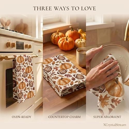 Fall Football Kitchen Towels Set of 2, Pumpkin Leaves, 18 x 26 in | Set of 2 fall kitchen towels with football, pumpkin and maple leaf designs for game day or Thanksgiving decor thumbnail 5
