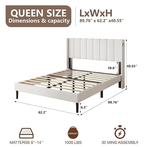 HAOARA Queen Size Velvet Bed Frame with Vertical Chanel Tufted Headboard and Wingback, Upholstered Platform Bed, No Box Spring Needed, Strong Wooden Slats, White thumbnail 2