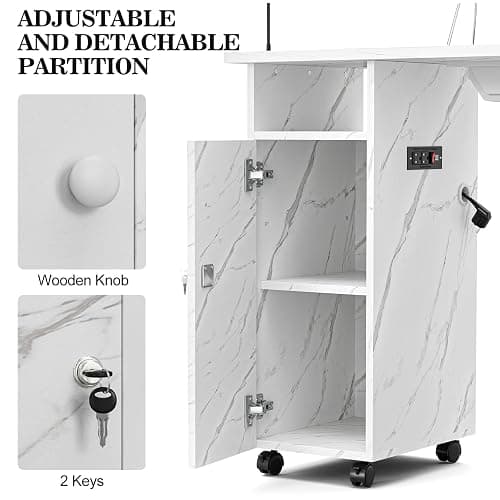 Belandi Manicure Table Nail Station with Charging Station, Marbling Texture Nail Tech Table Nail Table Station w/Dust Collector, Power Outlets, LED Lamp, Non-Woven Drawers & Wrist Cushion(White) thumbnail 6