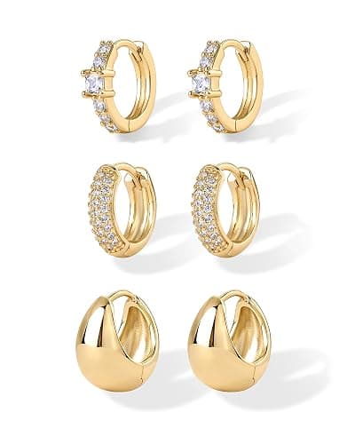 PAVOI 18K Gold Plated 925 Sterling Silver Posts Three Pairs Huggie Hoop Earrings for Women - Triple Gold Hoop Earring Pack with Cubic Zirconia - Chunky Dome Pave Huggie Piercing Statement Jewelry Set thumbnail 3