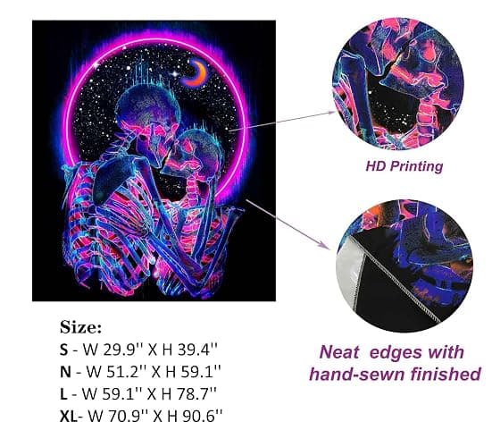 TUGCAY Blacklight Skull Tapestry Glow in the Dark Tapestry Kissing Lovers Tapestries Skeleton Neon Trippy Moon Stars Vertical Posters Wall Hanging Decor for Bedroom Aesthetic – 51.2” x 59.1” - Image 1