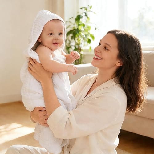 Sunny zzzZZ Muslin Hooded Baby Bath Towels - 3 Pack 100% Cotton Soft Low-Saturation Pastel Towels Including Classic White for Newborns, Infants, Toddlers - 32x32 Inch - Ivory, Brown and White thumbnail 2
