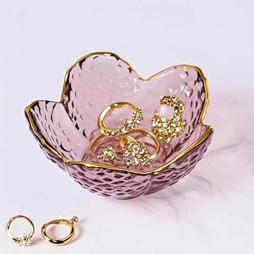 BROSEBEAQ Small Pink Glass Jewelry Dish Tray, Bathroom Jewlery Tray, Flower Ring Dish Jewlry Plate, Crystal Engagement Jewerly Ring Holder for Women, Nightstand Decor Trinket Jewelry Bowl Gift for Mom thumbnail 4