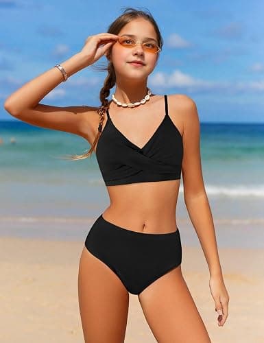 WIQI Girls Swimsuit Bikini Set 2 Piece Bathing Suits Color Block Criss Cross Swimwear Size 9-16 thumbnail 3