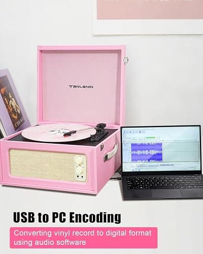 Vintage Standing Pink Vinyl Record Player with Detachable Legs, Built-in 4 Speakers, USB to PC Encoding, 33/45/78 RPM LP Player Bluetooth Retro Turntables Support Headphone Jack, RCA Out, AUX in thumbnail 3