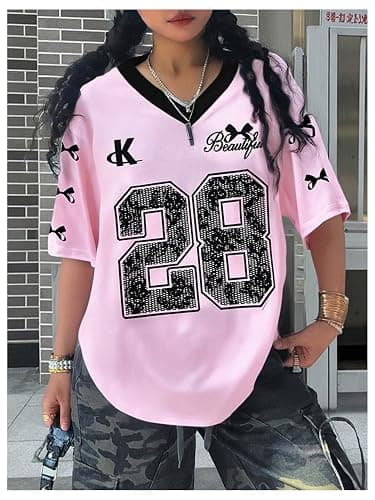 RoseSeek Girl's Oversized Tshirts Number Graphic Jersey Shirts V Neck Short Sleeve Sports Tee Tops Streetwear thumbnail 4