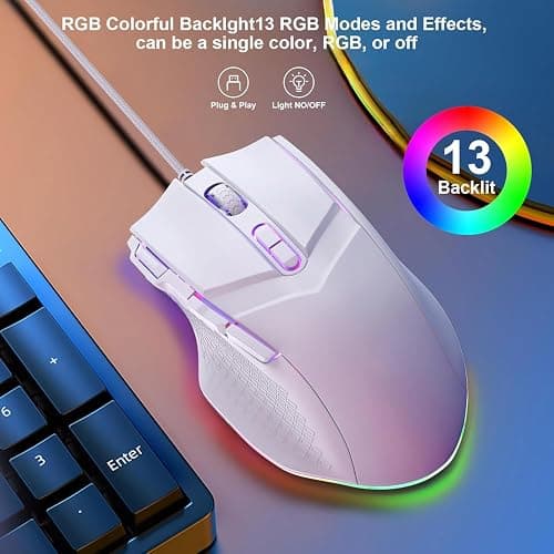 LEWENTECH Gaming Mouse 6 Adjustable DPI Up to 7200 Wired PC Gaming Mouse 8 Programmable Buttons 13 Adjustable RGB LED Modes 1.5 M Drag-Free Paracord Ergonomic Mouse Windows/PC/Mac/Laptop (White) thumbnail 5