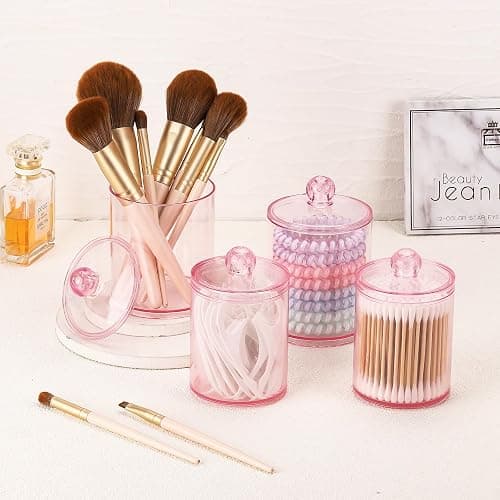 Tbestmax 12 oz & 10 oz Qtip Holder - 4 Pack Restroom Bathroom Organizers and Storage Containers, Pink Plastic Apothecary Jars with Lids for Cotton Swab, Cotton Round Pads, Floss thumbnail 2