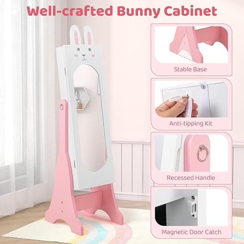 CHARMAID Kids Mirror Jewelry Cabinet - 45" Standing Jewelry Armoire with Full Length Mirror, Bunny Shaped Vanity Dressing Mirror for Girls, Kids Jewelry Organizer with Storage Drawers (White) - White thumbnail 7
