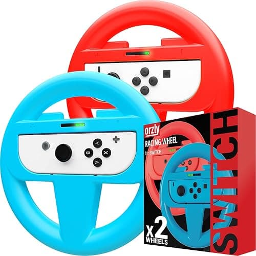 Orzly Steering Wheels for Nintendo Switch & OLED JoyCons, Racing Wheels for Mario Kart 8 Deluxe [Mariokart Switch Steering Wheel Joycon Controller Attachment Accessories] - TWIN PACK[1x Red & 1x Blue] - Image 1
