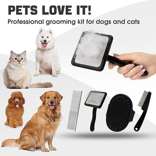 Bonteck Dog Slicker Brush for Dogs Grooming Kit 4PCS | Large Dog Brush for Goldendoodles Poodles Doodles | Long Pin Haired Brush | Poodle Brushes and Comb (Black) thumbnail 9