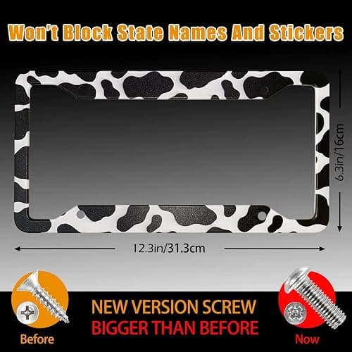 Cow Print License Plate Frame Holders Covers Cute Animal White Black Spot Cow Tags Frames Covers Holder Stainless Aluminum Metal 2 Pack 4 Holes for USA Canada Vehicle Standard thumbnail 2