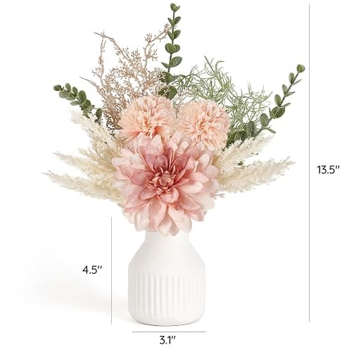 Mkono Small Artificial Flowers in Ceramic Vase 13.5" Centerpieces Coffee Table Decor, Silk Flower Arrangements for Home Decor Indoor Fake Flower Bouquet for Bathroom Dining Room Kitchen Wedding Pink thumbnail 3