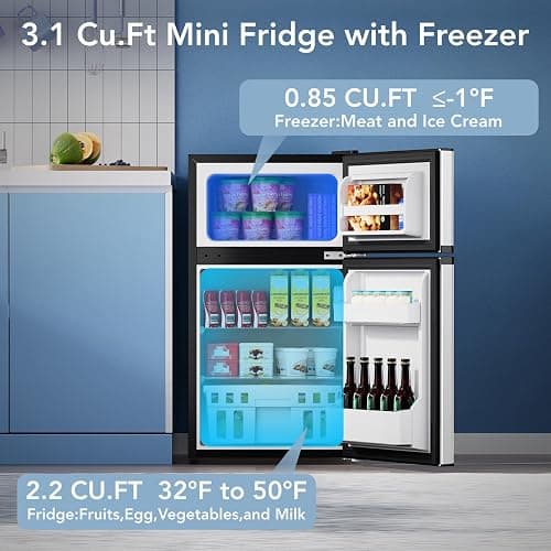 Electactic 3.1 Cu.Ft Mini Fridge with Freezer, 2 Door Compact Refrigerator, Mini Fridge with Adjustable Removable Glass Shelves for Bedroom, Office, Dorm or Apartment, Stainless Steel thumbnail 3