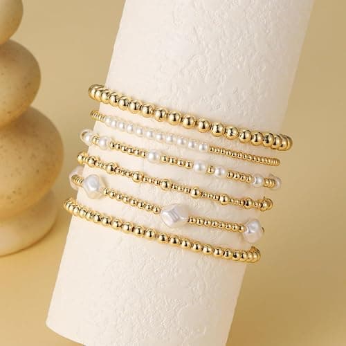 Miss Pink Gold Beaded Bracelets Set for Women Waterproof, 14k Gold-Plated Dainty Round Bead Cross Pearl Bracelet Beaded Non Tarnish Stretch Bracelet for Christmas Stockings Gifts Stackable Bracelet thumbnail 6