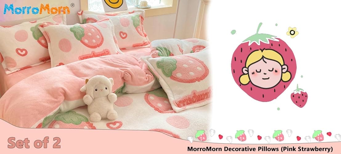 MorroMorn Decorative Pillows Covers Pink Kawaii, 2 Packs Plush Pillow Cases Standard Size, Soft Throw Pillowcase Cushion Shams with Zipper Closure Girls Room Decor (Pink Strawberry, Standard) thumbnail 3