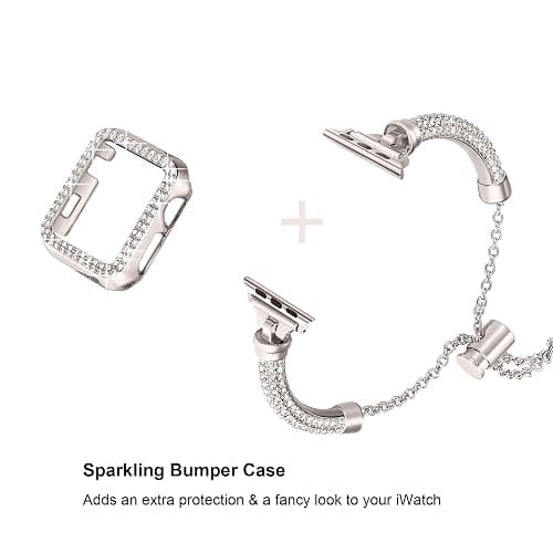Secbolt Bling Band and Case Compatible with Apple Watch Band 38mm 40mm 41mm 42mm 44mm 45mm, Women Dressy Metal Bracelet with Rhinestone Bumper for iWatch Series 9/8/7/SE/6/5/4/3/2/1 thumbnail 2