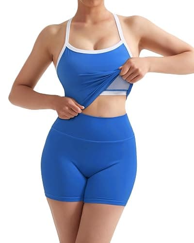 SUUKSESS Women 2 Piece Workout Sets High Waisted Tummy Control Biker Shorts Halter Padded Tank Tops thumbnail 3
